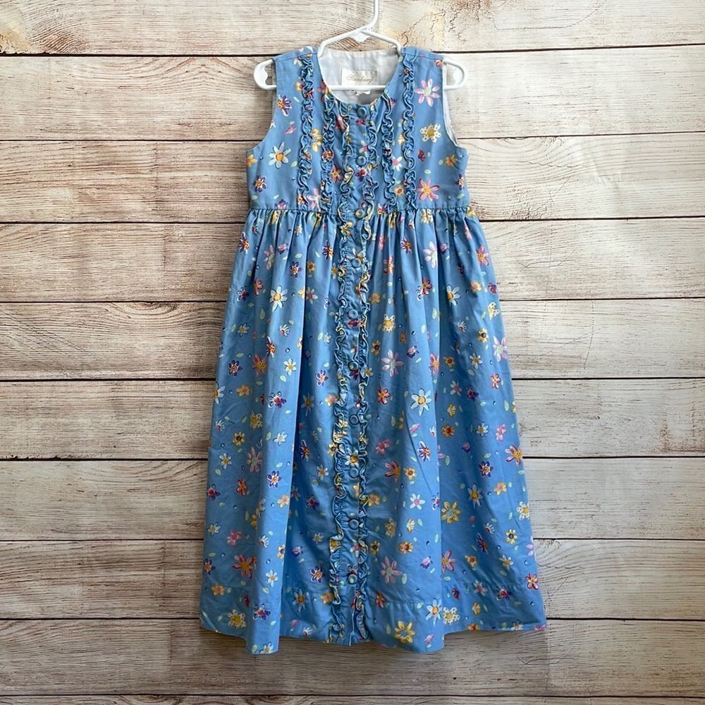 VINTAGE STRASBURG RUFFLE FRONT DRESS IN‎ BLUE FLORAL PRINT